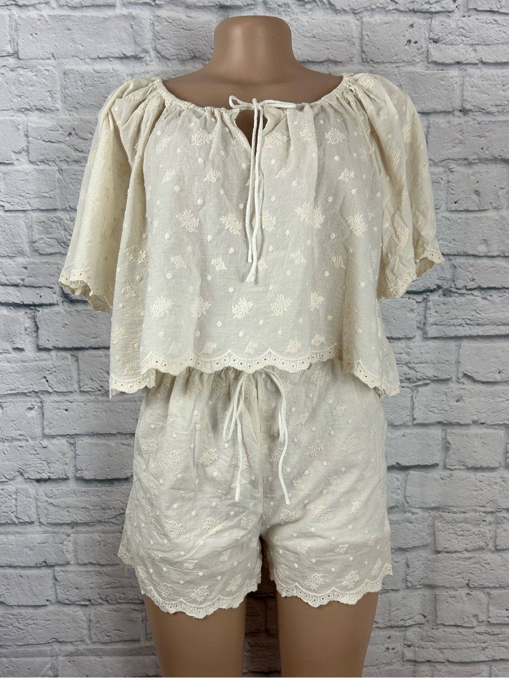 Mable Cream Embroidered Two Piece Shorts Top Set Small Boho Eyelet Scallop